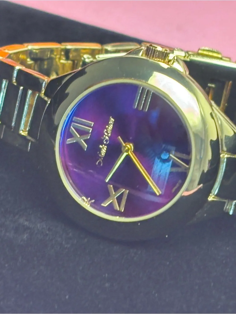 Mark Naimer Men’s Watch Purple Iridescent Dial Gold Tone Bracelet Roman Numerals